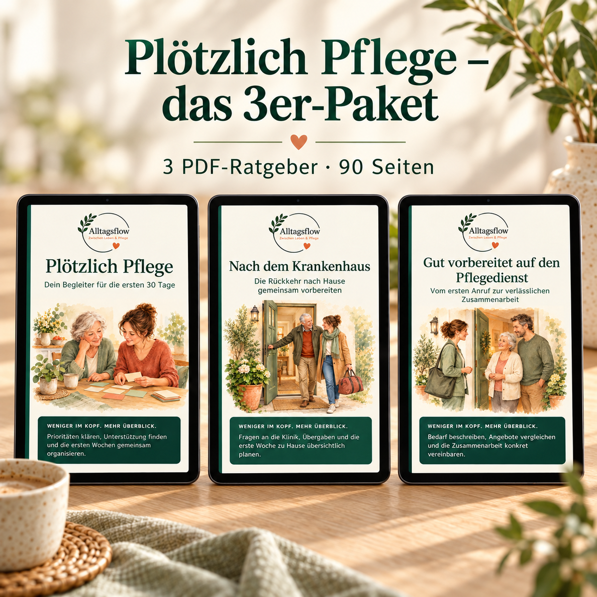 Plötzlich Pflege – Das 3er-Paket für Angehörige | 3 PDF-Ratgeber mit 90 insgesamt Seiten