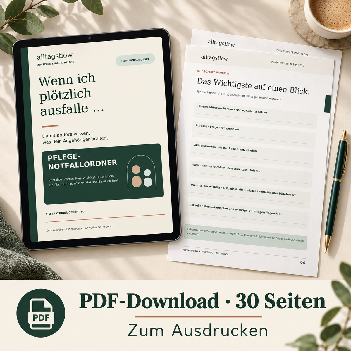 Pflege-Notfallordner für Erwachsene – vorbereitet, wenn du ausfällst | PDF
