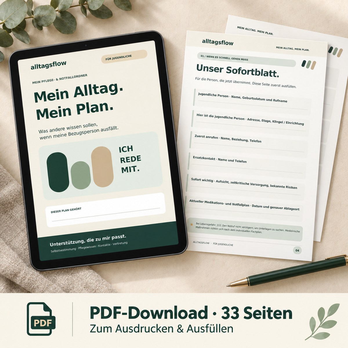 Pflege-Notfallordner für Jugendliche – mein Alltag, mein Plan | PDF