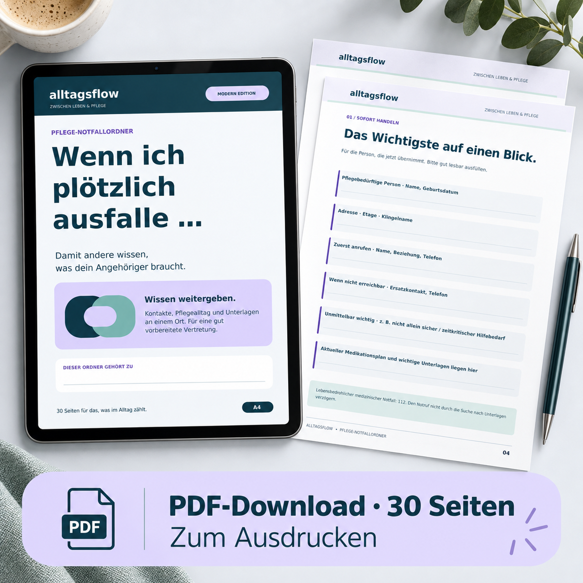 Pflege-Notfallordner für Erwachsene – vorbereitet, wenn du ausfällst | PDF