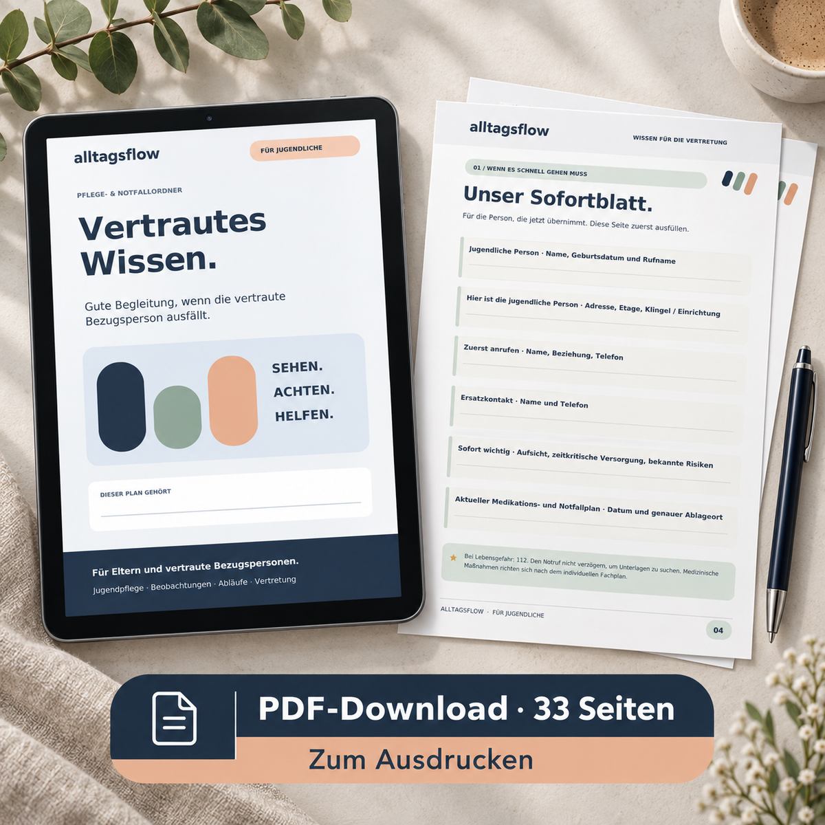 Pflege-Notfallordner für Jugendliche – vertrautes Wissen für Bezugspersonen | PDF
